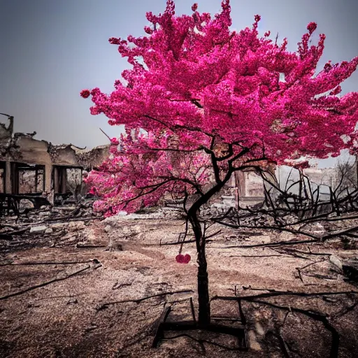 Image similar to a sakura tree in the desolation of the burning ruins around it