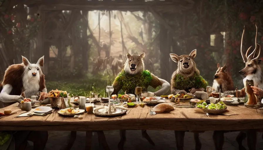 Prompt: a table dinner of animals where animals are dressed like the characters from the midsommar movie, realistic detailed digital art by maxwell boas jessica rossier christian dimitrov anton fadeev trending on artstation cgsociety rendered in unreal engine 4 k hq