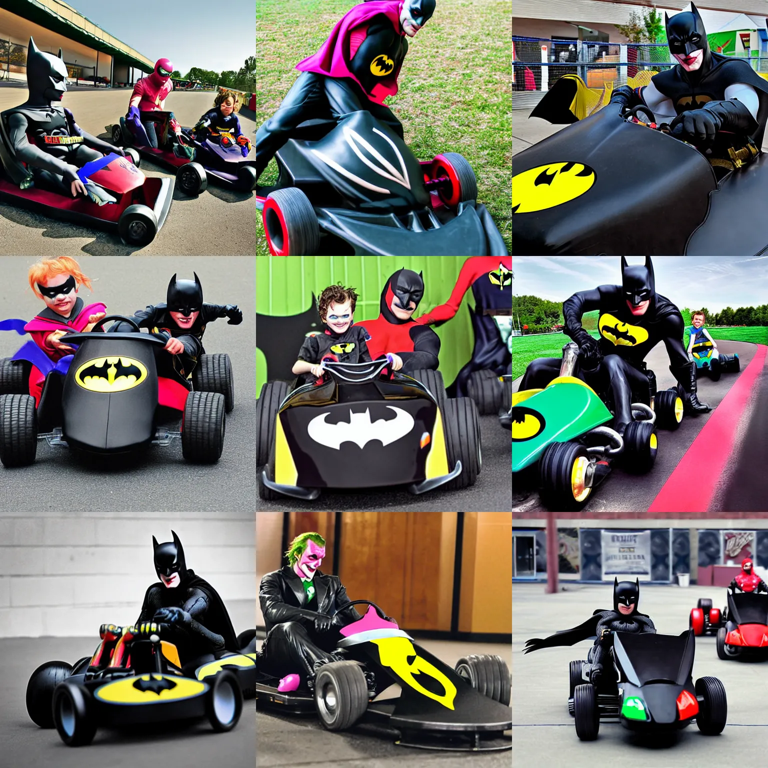 Prompt: Batman go-kart racing with the Joker, photograph