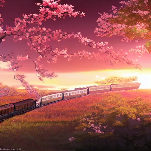 Prompt: a photo realistic anime scene of a train running through a sakura forest on a beautiful sunset. By Makoto shinkai and studio ghibli.