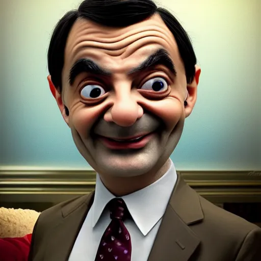 Prompt: Mr Bean in a 3D Animated Mr Bean film animated by Illumination, portrait, photograph, realistic, hyperrealistic, highly detailed, very detailed, extremely detailed, detailed, digital art, trending on artstation