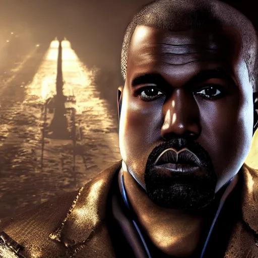 Image similar to Portrait of Kanye West as willy wonka in gears of war, splash art, movie still, cinematic lighting, dramatic, octane render, long lens, shallow depth of field, bokeh, anamorphic lens flare, 8k, hyper detailed, 35mm film grain