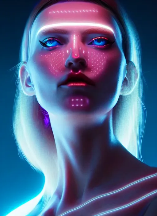 Prompt: a sensual caucasian female humanoid with freckles, cyber neon lighting, futurism, intricate futuristic jewelry accessories, cyberpunk high fashion, profile posing, hyper photorealistic, crispy quality, digital photography, trending in artstation, trending in pinterest, cinematic, 4 k ultra hd, art by pascal blanche, art by greg rutkowski,