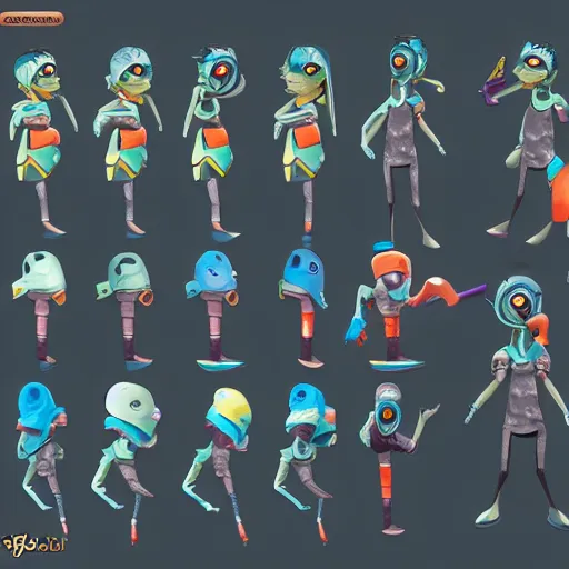 Image similar to character design sheets for a mantaray character who sells spray paint cans and has a sculpting gig on the side, designed by splatoon nintendo, inspired by tim shafer psychonauts 2 by double fine, cgi, professional design, gaming