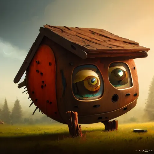 Image similar to a walking wood and metal house with two legs and two big eyes, rust, hyperrealistic, highly detailed, cinematic, single ray of sun, morning, pareidolia, gravity falls style, beautiful, cgssociety, artstation, 8 k, oil painting, digital art