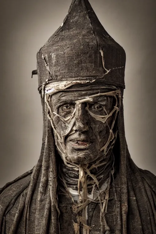 Image similar to mummified pope in his throne at the vatican, desiccated, close - up portrait, tall pontiff hat, mitre, dark, moody, black skin, ornate, hyper realistic, sharp focus, highly detailed