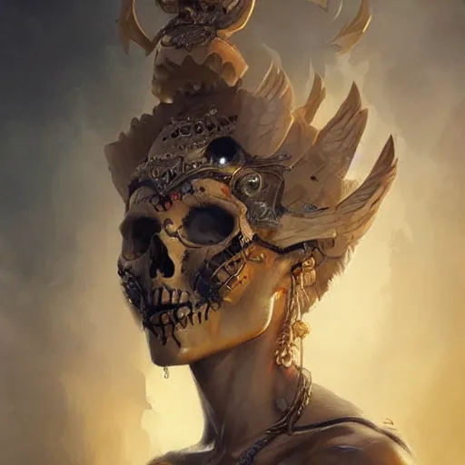 Prompt: a beautiful portrait of a skull goddess by Greg Rutkowski and Raymond Swanland, Trending on Artstation, ultra realistic digital art