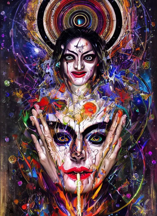 Image similar to gorgeous magic cult psychic woman smiling, third eye, energetic consciousness psychedelic, epic surrealism expressionism symbolism, story telling, iconic, dark robed, oil painting, symmetrical face, dark myth mythos, by Sandra Chevrier, Noriyoshi Ohrai masterpiece