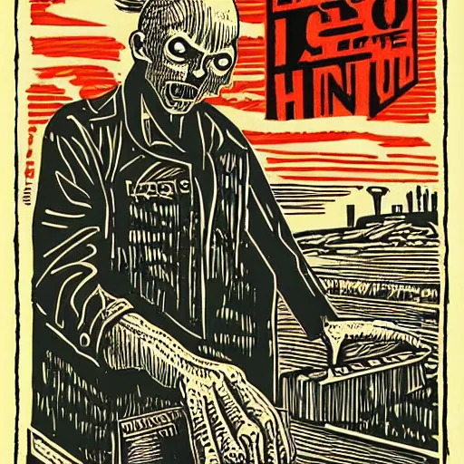 Image similar to woodcut, vhs cover, 1 9 8 3, horror, coffee shop, espresso machine, barista zombie, los angeles, designed by charles burns