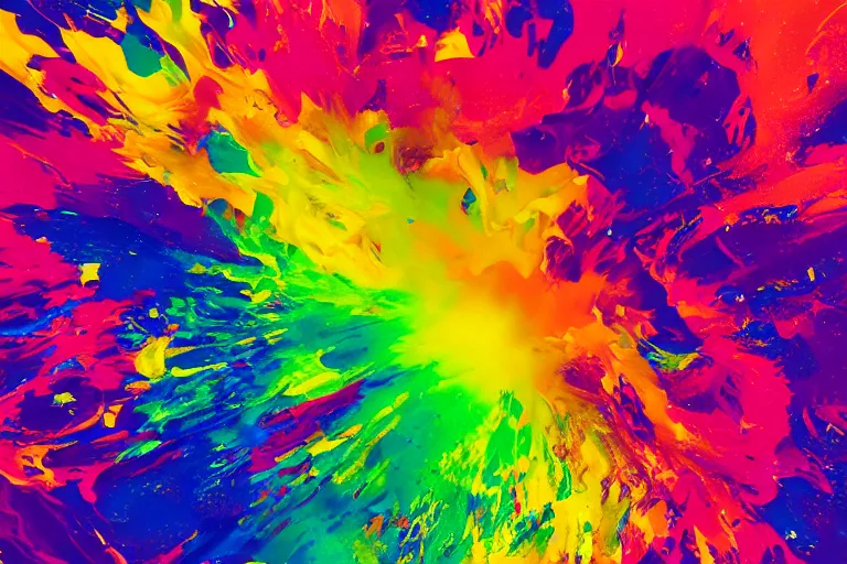 Prompt: a sea of vibrant colorful liquid paint violently colliding and exploding, vibrant multicolored glossy silky giant paint splashing, photographic, photo real, global illumination, octane render