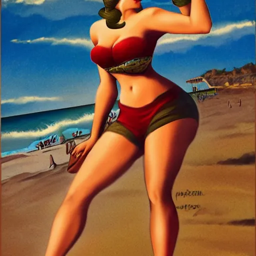 Prompt: Human-dinosaur hybrid at the beach, pin up style poster