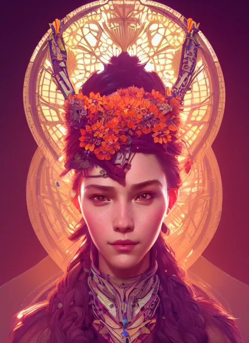 Image similar to symmetry!! portrait of floral! horizon zero dawn machine, intricate, elegant, highly detailed, digital painting, artstation, concept art, smooth, sharp focus, illustration, art by artgerm and greg rutkowski and alphonse mucha, 8 k