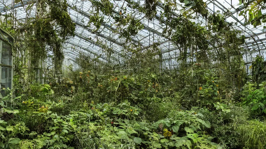 Image similar to exploring an abandoned overgrown greenhouse, becoming overgrown with plants with small colourful flowers, hyperrealistic, ambient lighting highly detailed, 4 k hd