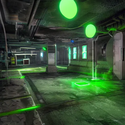 Image similar to secret underground lab, unreal engine, octane, 4 k, videogame style, retro tech, some green glowing artifacts