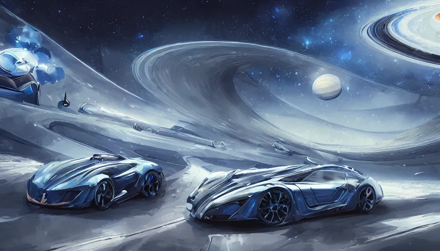 Image similar to whitr and royal blue luxurious concept sportscar driving down on a luxurious road on interstellar solar system with nearby planets seen from the distance, advanced highway, star trek style, by peter mohrbacher, jeremy mann, francoise nielly, android james, ross tran, beautiful, award winning scenery, 4 k, clean details, serene, sakura season