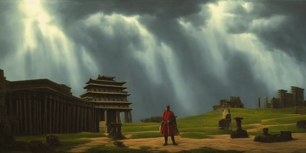 Image similar to 2 1 savage, shadow of the colossus, in front of a temple, at chicago, storm clouds, dramatic lighting, hudson river school