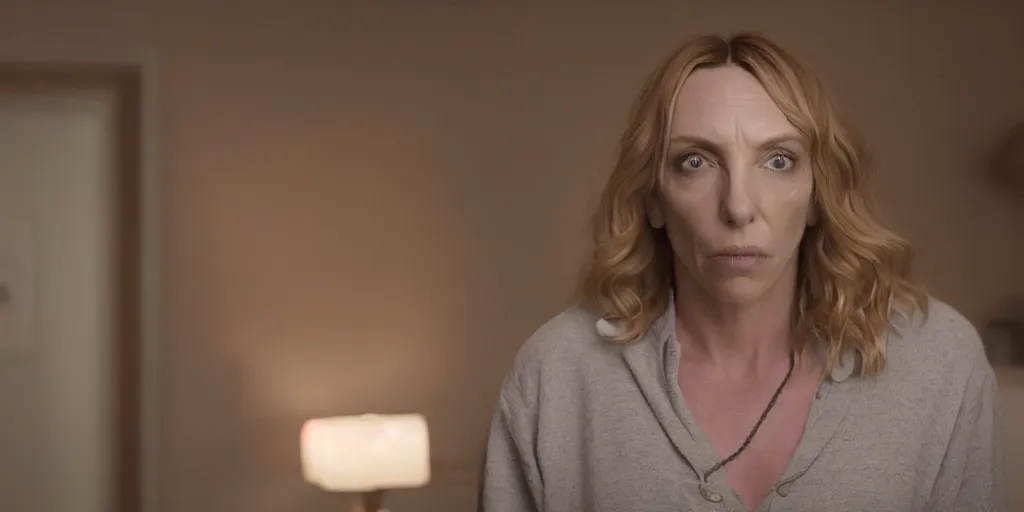 Prompt: Toni Collette as Annie Graham in 'Hereditary' (2018), movie still frame, oscar nominated cinematography, volumetric lighting, 8k resolution, beautiful composition