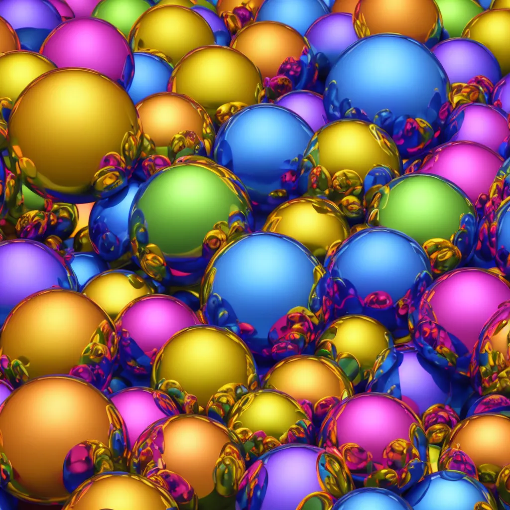 Image similar to very colourful texture of chrome spheres, 3 d, photorealistic, high poly, 8 k render, unreal engine 5, volumetric lighting, realistic shadows