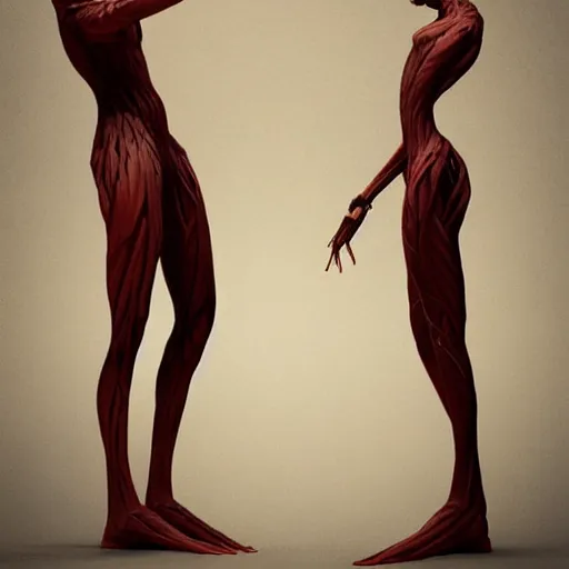 Image similar to Two elegant humanoid creatures leaning against each other, fused at the shoulders, dancing on their pointy limbs. Award-winning digital art, trending on ArtStation