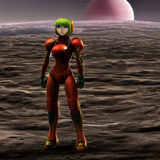 Prompt: Samus in the varia suit standing in the middle of a desolate planet, full body shot, the planet is full of otherworldly natural structures, two moons float above the horizon, futuristic