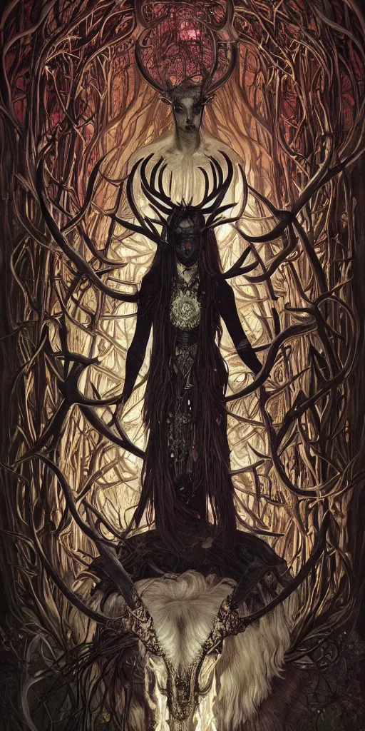 Prompt: intense glowing black metal pagan god with antlers and intense glowing eyes with a goat skull in very dark forest by karol bak and josan gonzales and moebius and alphonse mucha, portrait, studio muti, malika favre, rhads, makoto