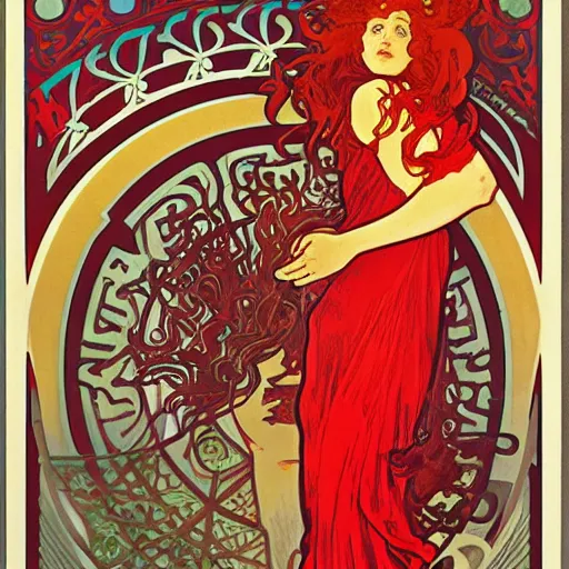 Prompt: Portrait of a female sorcerer with curly red hair wearing a red dress and a red cloak throwing a fireball, art nouveau poster by alphonse mucha, extremely detailed