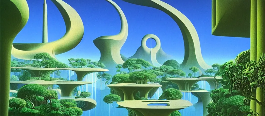 Image similar to huge gargantuan angular dimension of infinite liminal spaces, buildings by escher and ricardo bofill. utopian landscape by roger dean. magical realism, surrealism, waterfalls, clouds, mallsoft, vaporwave, shot from below, epic scale