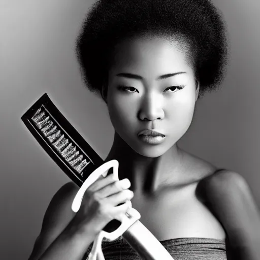 Image similar to “ afro - asian female samurai unsheathing her blade. photograph. award winning. ”
