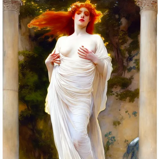 Prompt: redheaded prophetess, fully clothed in white floral chiton, ancient greece, by john singer sargent and gaston bussiere and james jean and grzegorz rutkowski