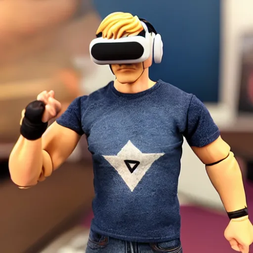 Image similar to action figure of a skinny blonde male wrestler wearing a vr headset and wearing a t - shirt and jeans, high detail, realistic,