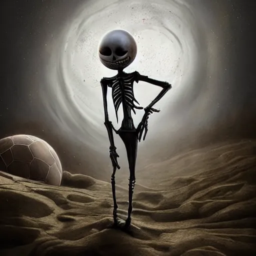 Prompt: michal karcz surrealism grunge drawing of the end of an astronaut happy in the galaxy. , in the style of jack skellington, in the style of a clown, loony toons style, horror theme, detailed, elegant, intricate, 4k, Renaissance painting