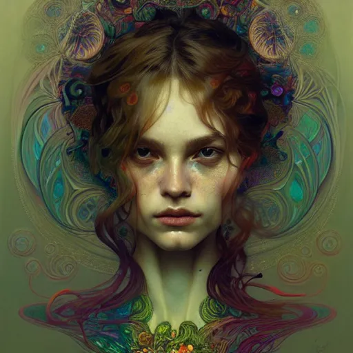 Image similar to An extremely psychedelic portrait, surreal, mushrooms, face, detailed, intricate, elegant, lithe, highly detailed, digital painting, artstation, concept art, smooth, sharp focus, illustration, art by Krenz Cushart and Artem Demura and alphonse mucha