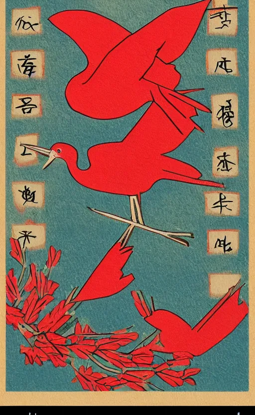 Prompt: poker card style, simple, modern look, solid colors, japanese crane bird in center, pines symbol in the corners, vivid contrasts, for junior