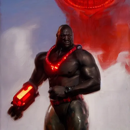 Image similar to greg manchess portrait painting of fully armored red lights the foundation aka dwayne the rock as overwatch character, medium shot, asymmetrical, profile picture, organic painting, sunny day, matte painting, bold shapes, hard edges, street art, trending on artstation, by huang guangjian, gil elvgren, ruan jia, greg rutkowski, gaston bussiere