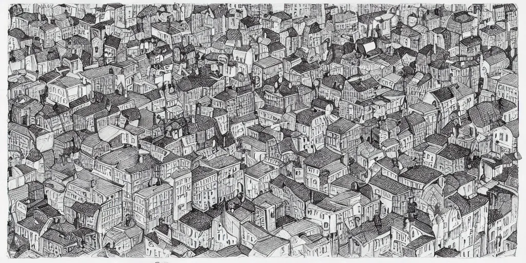 Prompt: an isometric finely detailed pen and ink drawing of a town by mattias adolfsson