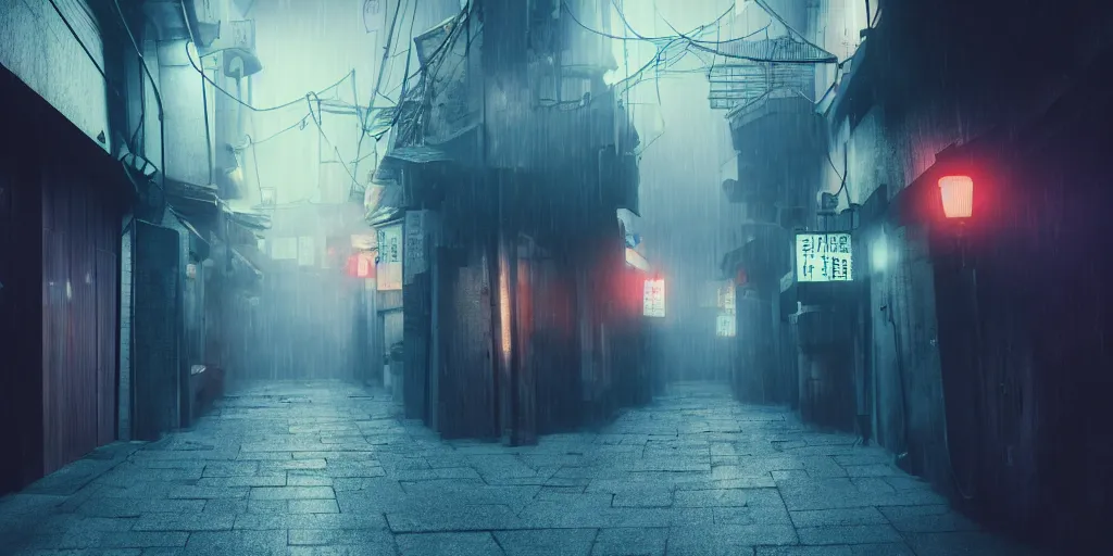 Image similar to a japanese alleyway filled with ghosts, in the style of blade runner 2049, volumetric lighting