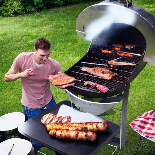 Prompt: a photograph of jerma 9 8 5 having a barbecue