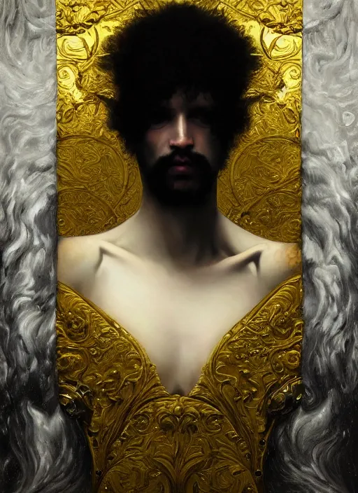 Image similar to highly detailed oil painting | very intricate | cinematic lighting | black, white and gold color scheme, dark background | the business man by alexander mcqueen | by roberto ferri, by gustav moreau, by singer sargent and klimt, american romanticism, occult art | by austin osman spare, artstation, cgsociety, official art, octane