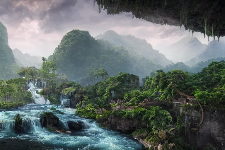 Prompt: Fantasy world with mountains in the bacground and waterfall with river on the bottom, on the right dense jungle forest, on the left ancient city with many bridges, highly detailed, matte painting, wide lens, overcast sky, ultra realistic, 4k, 8k resolution, trending on artstation, octane render, unreal engine, cinematic