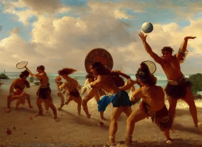 Image similar to the roman legion in full armor playing volleyball at the beach by vladimir volegov and alexander averin and pierre auguste cot and delphin enjolras