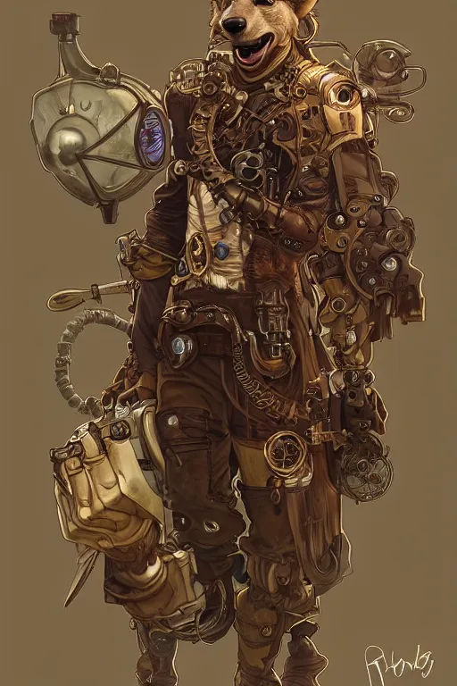 Prompt: anthropomorphic hyena as steampunk half - cyborg, western, high fantasy, dnd, smooth, sharp focus, illustration, highly detailed, digital painting, artstation, concept art, by disney animation, rossdraws, alphonse mucha, frank fanzzeta, collectible card art