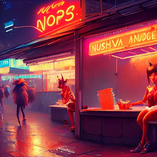 Prompt: splash art of anthropomorphic female vulpes vulpes fulva woman sitting at a noodle stand eating noodles in the crowded street of a cyberpunk city, rain, harsh neon lighting, realistic ultra detailed : by weta, greg rutkowski, wlop, ilya kuvshinov, rossdraws, artgerm, octane render, liosh, mucha