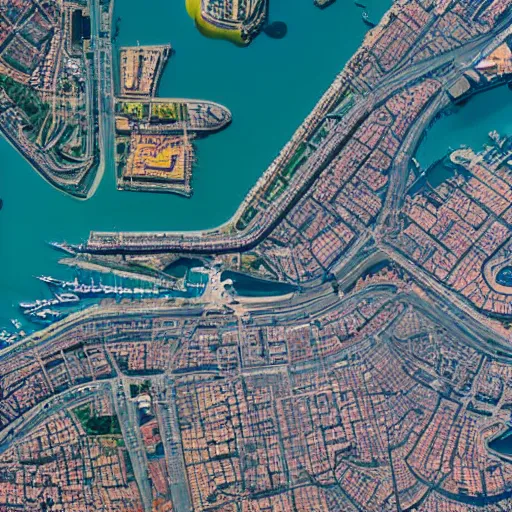 Prompt: aerial photo of a port town, satellite image, extremely detailed, sunny day, overhead view