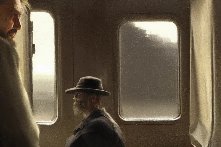 Prompt: man looks out of a train window, dim lighting, lonely, digital art, by wlop, by jeremy lipking, highly detailed, expressive painting, dark atmosphere, moody, octane render