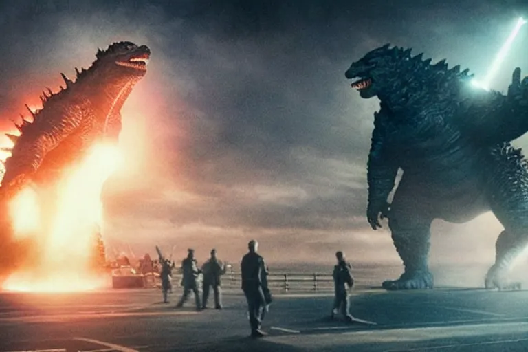 Image similar to godzilla playing the drumset, rock music, concert lights, dynamic photo, still shot from the new godzilla movie