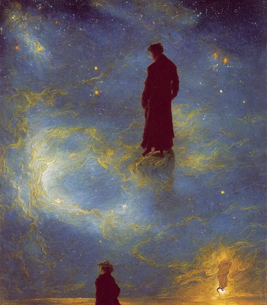 Image similar to an impasto oil painting of a futuristic wanderer gazing into a the universe painted by caspar david friedrich, light colors, starts, galaxy, impressionism