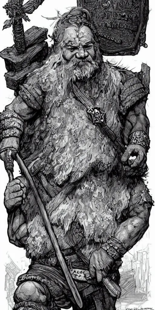 Image similar to concept art, aged dwarf stonemason warrior character, poster style, by paul pope, travis charest, gustave dore, hiroshi yoshida, moebius, artgerm, cinematic