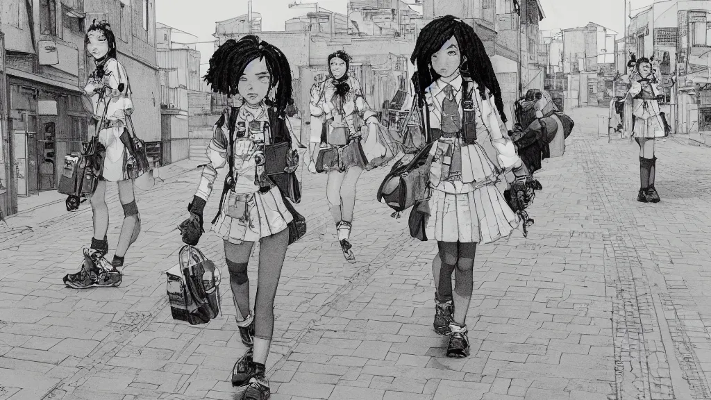 Prompt: cute schoolgirl walk in ghetto, in style of katsuya terada,, 8 k, hyper detailed.