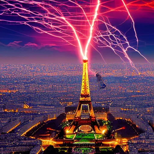 Image similar to Eiffel tower in Paris as giant charged tesla coil with blue white red lightning bolts all over the sky filled with dark clouds, epic city landscape digital art