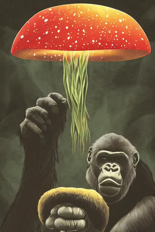 Image similar to gorilla at a concert holding a amanita muscaria, sunshine, by alba ballesta gonzalez and moebius. 4 k wallpaper, digital flat 2 d, japan animation, comic book, illustration, cinematic lighting, smooth sharp focus.